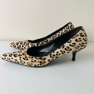 Loft Sz 7.5 Animal Print Leopard Kitten Heel Pumps Pointed Toe Leather Calf Hair